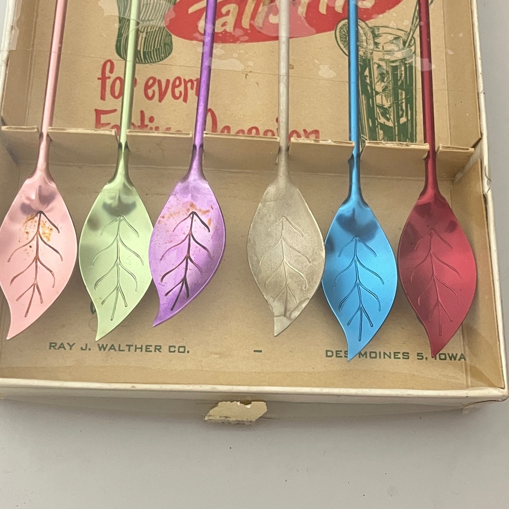 Ray J. Walther Tallstirs Swizzle Sticks  Multicolor‎ Vintage Leaf Set 6 - Picture 2 of 3